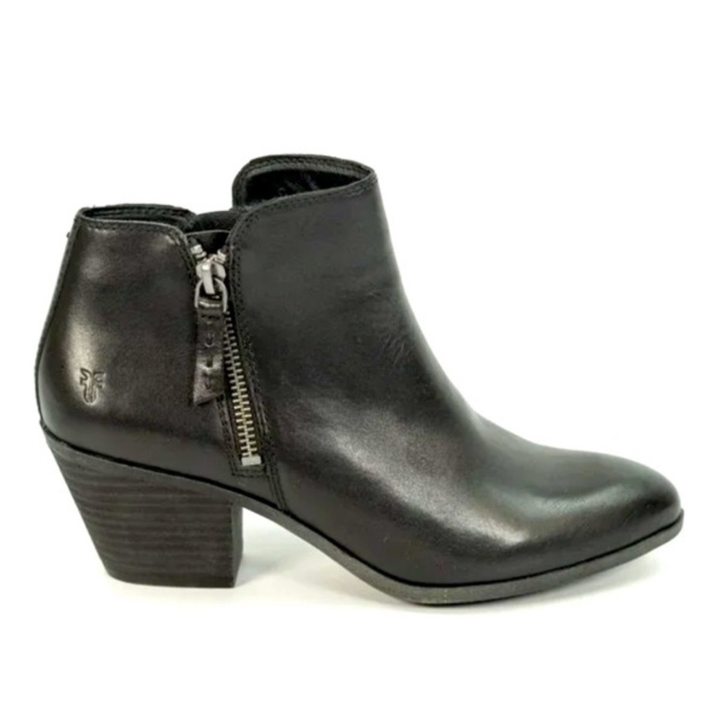 Frye Judith Black Leather Ankle Double Zipper Boots 6.5m